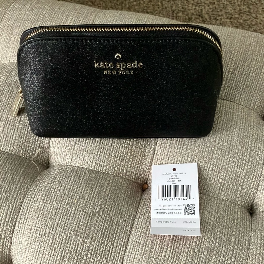 NWT Authetic Kate Spade tinsel Black Glitter cosmetic case